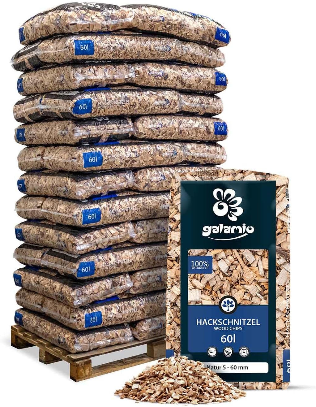 GALAMIO Holzspäne Holzhackschnitzel Mulch Natur Waldkiefer Pinus Sylvestris für Garten Hochbeet Dekor Holz Dekohäcksler Grob 5-60mm 60 L x 39 Sack 2.340 L / 1 Paligo Paligo