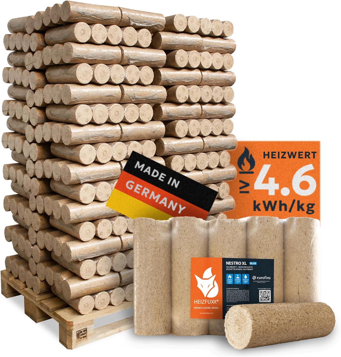 HEIZFUXX Nestro XL Blau Holzbriketts - Weichholzbriketts Palette 960 kg (96 x 10 kg) - Premium Briketts für Kamin, Kessel & Ofen - Hoher Heizwert, geringer Aschegehalt & maximale Energie